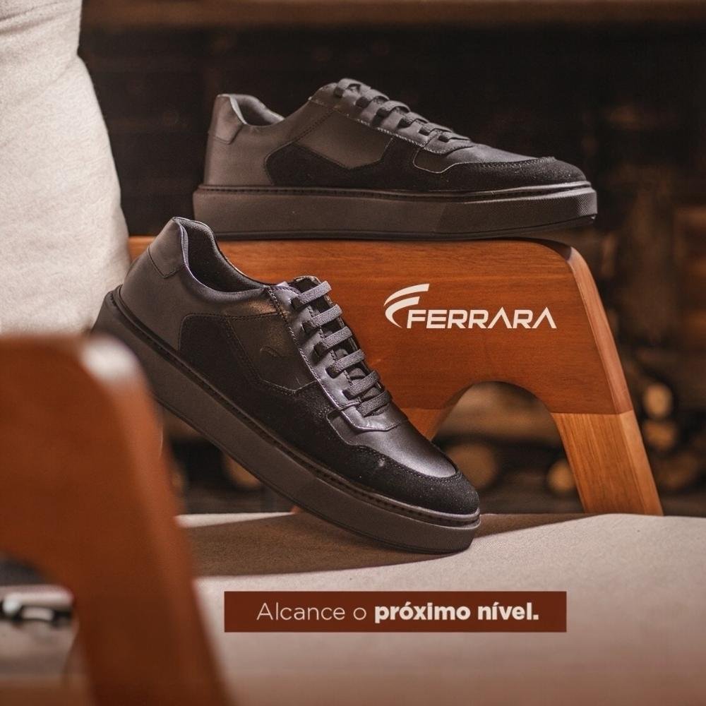 Tênis Masculino Couro Skate Leve Confortável Dia a Dia Preto 6