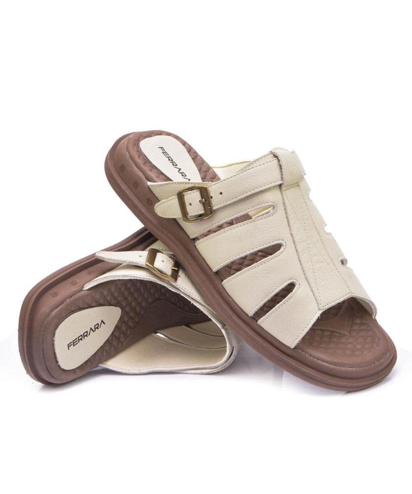 Sandália Masculina Couro Ajustável Dia a Dia Confortável Off White 2
