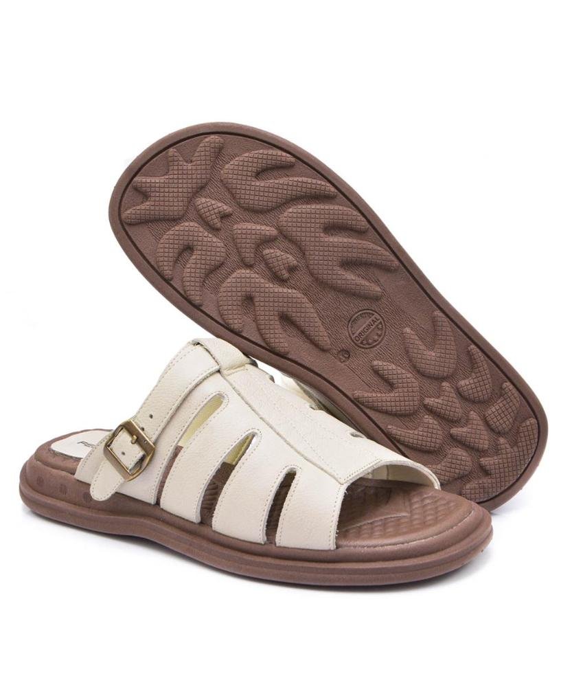 Sandália Masculina Couro Ajustável Dia a Dia Confortável Off White 3