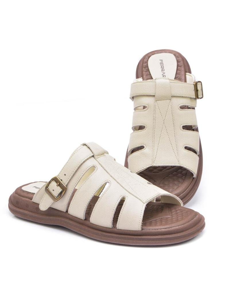 Sandália Masculina Couro Ajustável Dia a Dia Confortável Off White 4