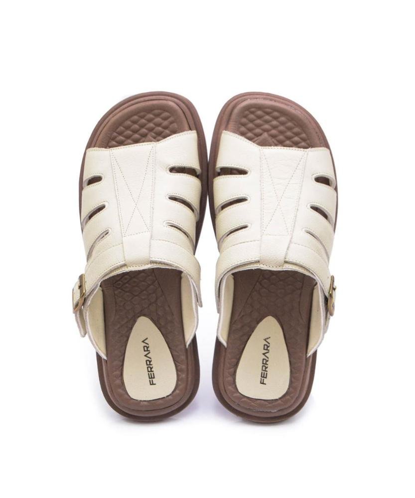 Sandália Masculina Couro Ajustável Dia a Dia Confortável Off White 5