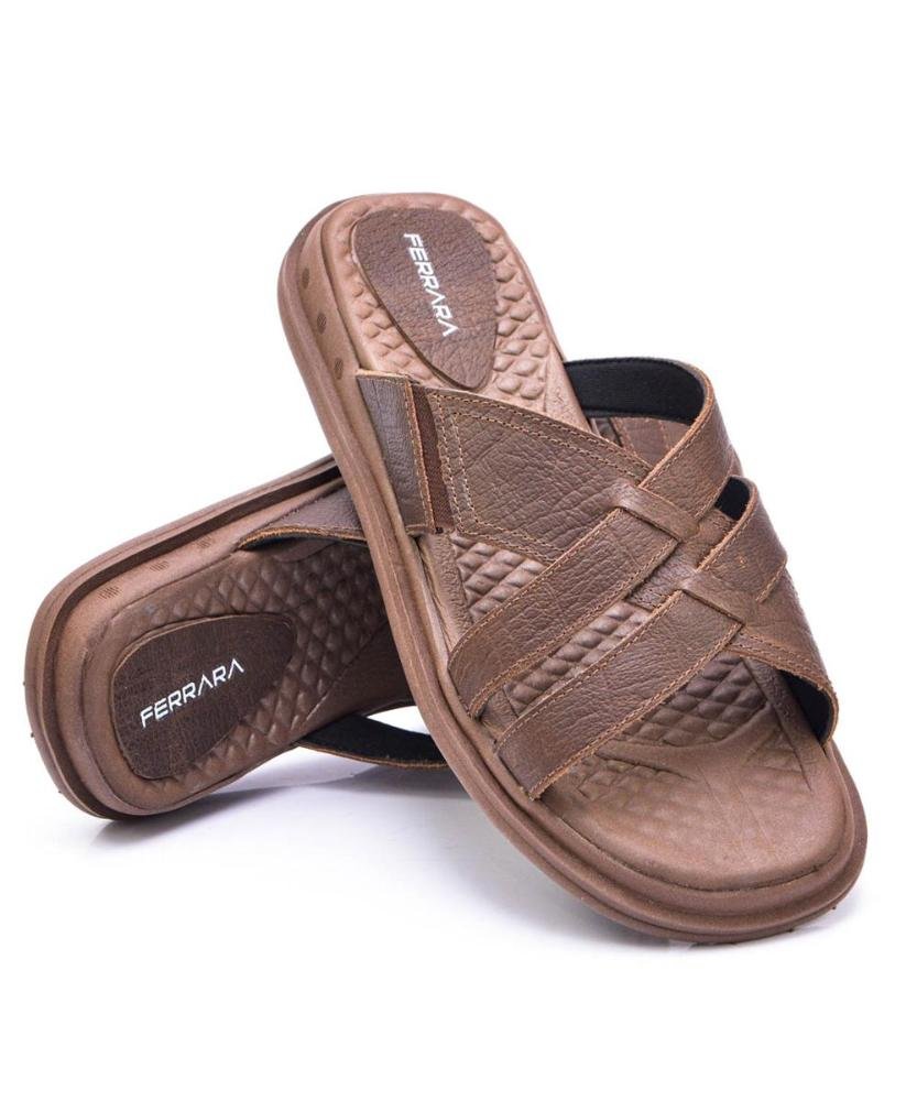 Sandália Slide Masculina Couro Macia Confortável Marrom 2