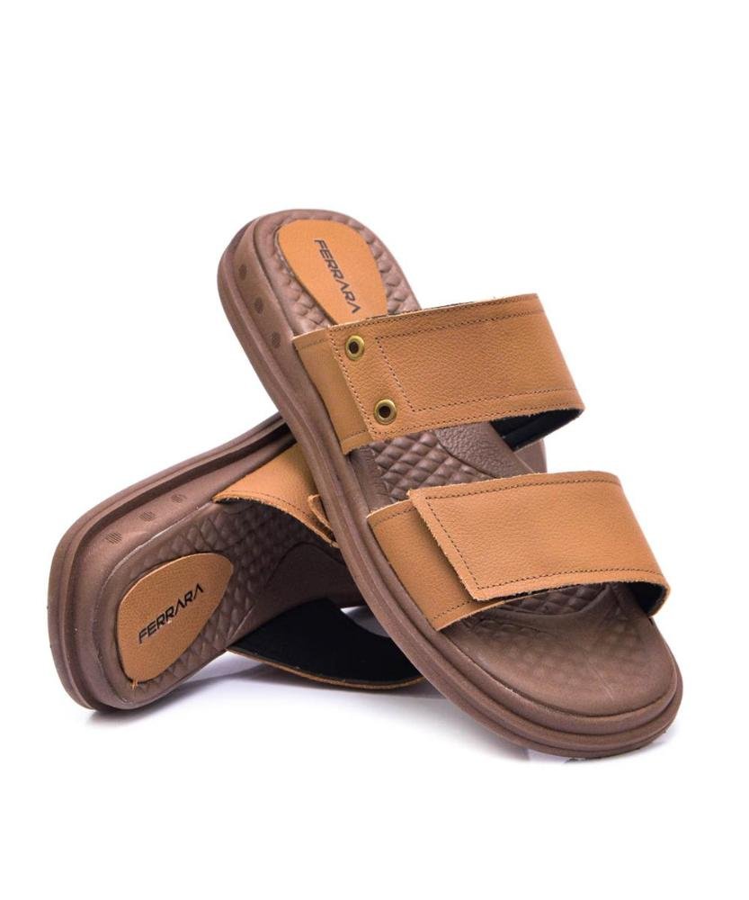 Sandália Papete Masculina Couro Conforto Ajustável Marrom Claro 2