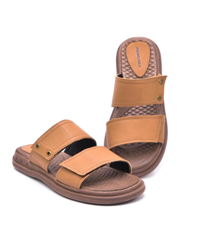 Sandália Papete Masculina Couro Conforto Ajustável Marrom Claro 3