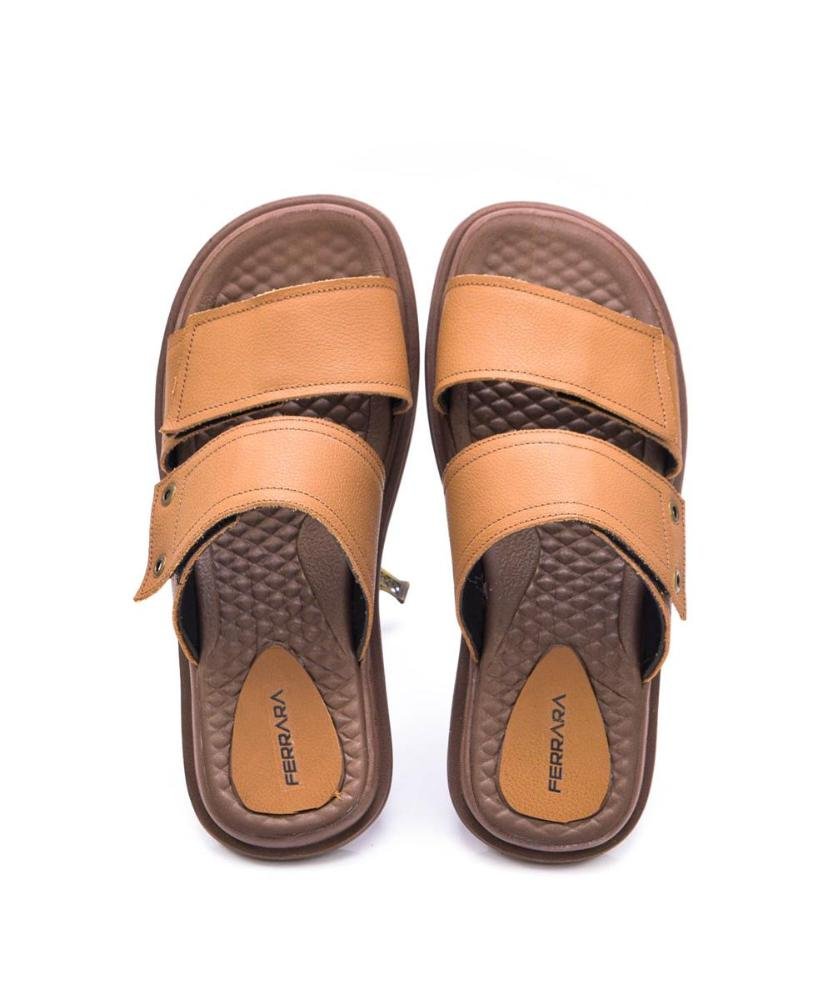 Sandália Papete Masculina Couro Conforto Ajustável Marrom Claro 5