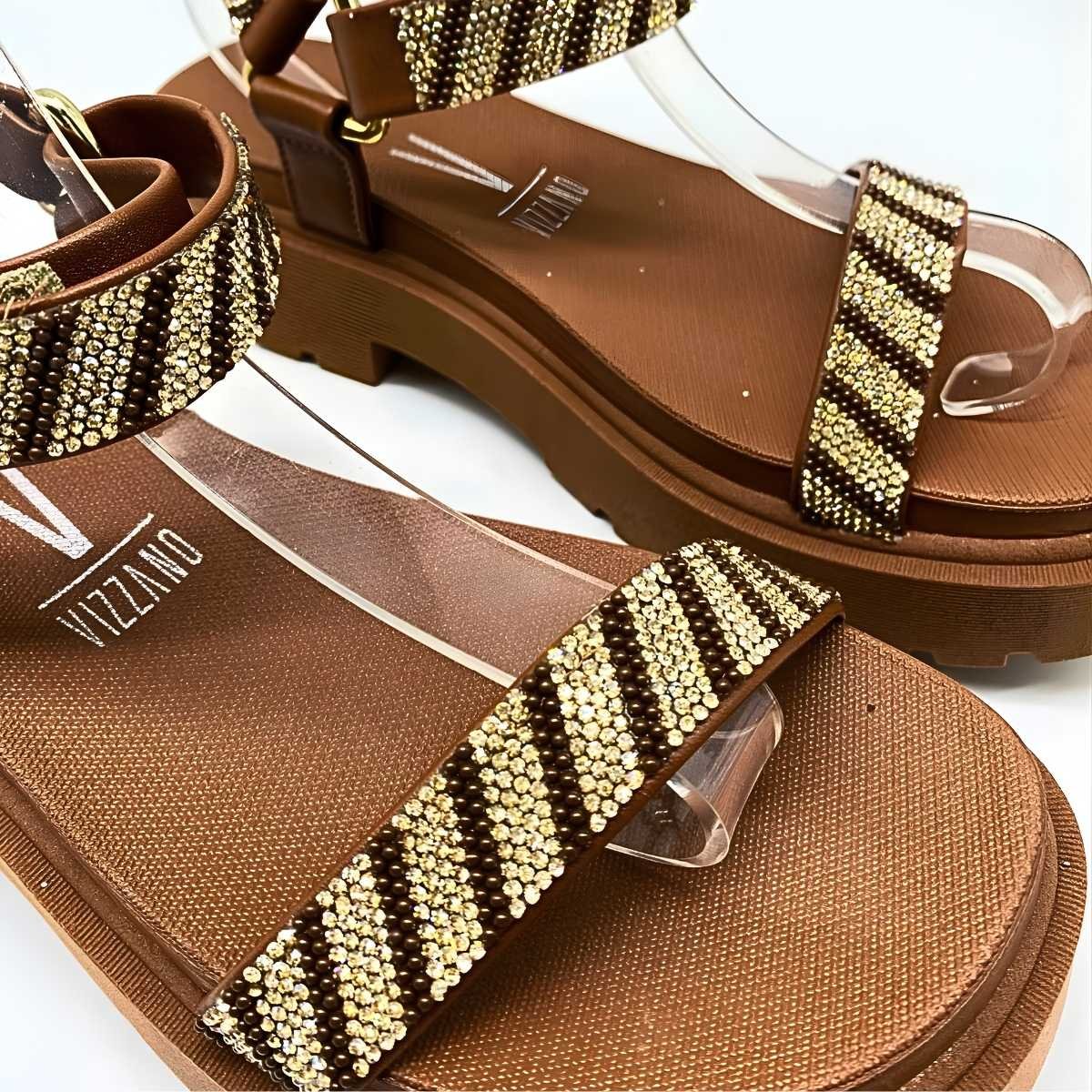 Sandalia Feminino Vizzano Papete Strass Estilo Confy 6499.103 Marrom 6