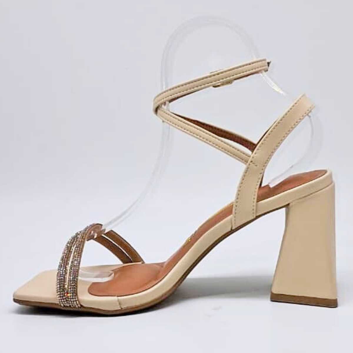 Sandália Feminina Vizzano Salto Quadrado Strass Estilo 6464.145 Bege 2