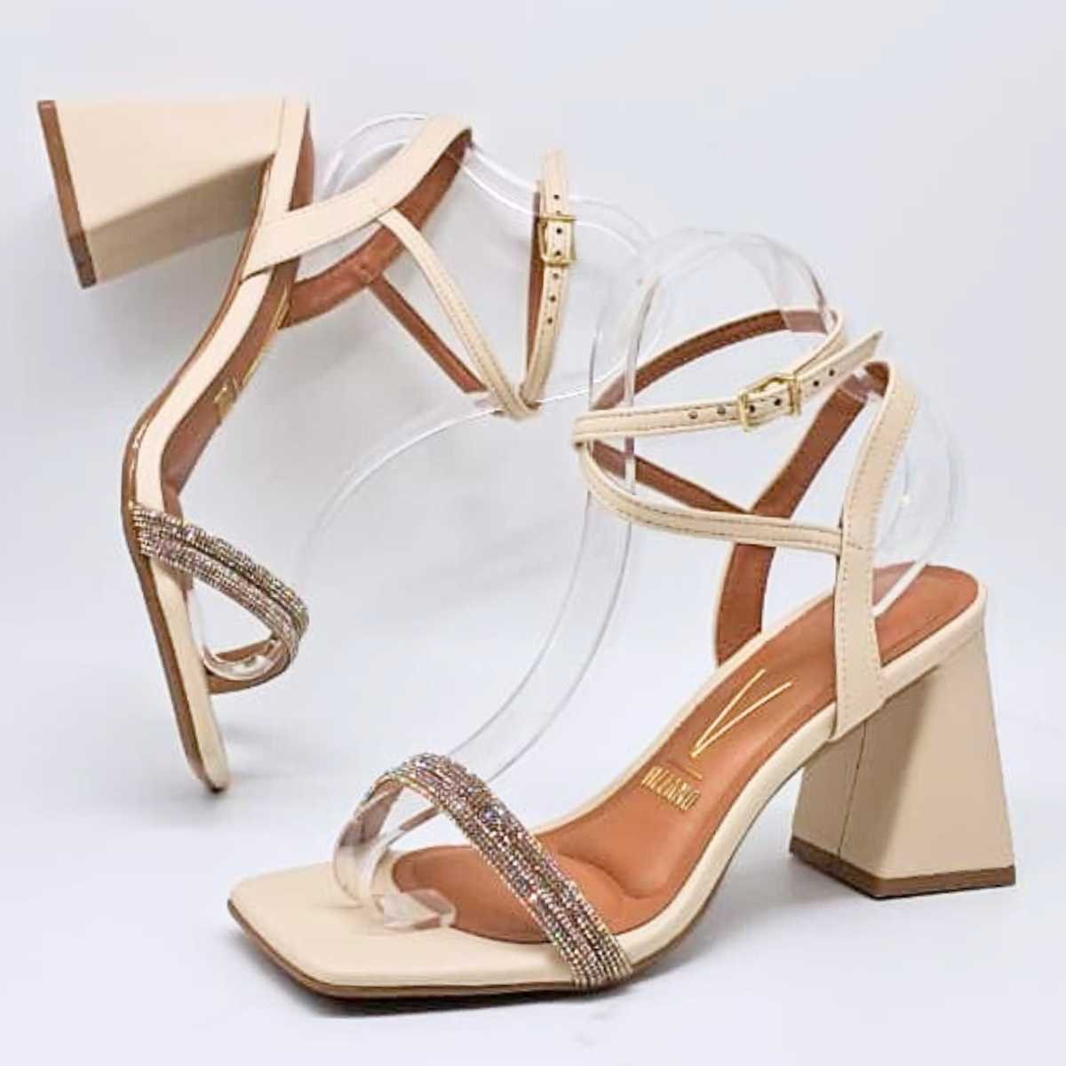 Sandália Feminina Vizzano Salto Quadrado Strass Estilo 6464.145 Bege 3