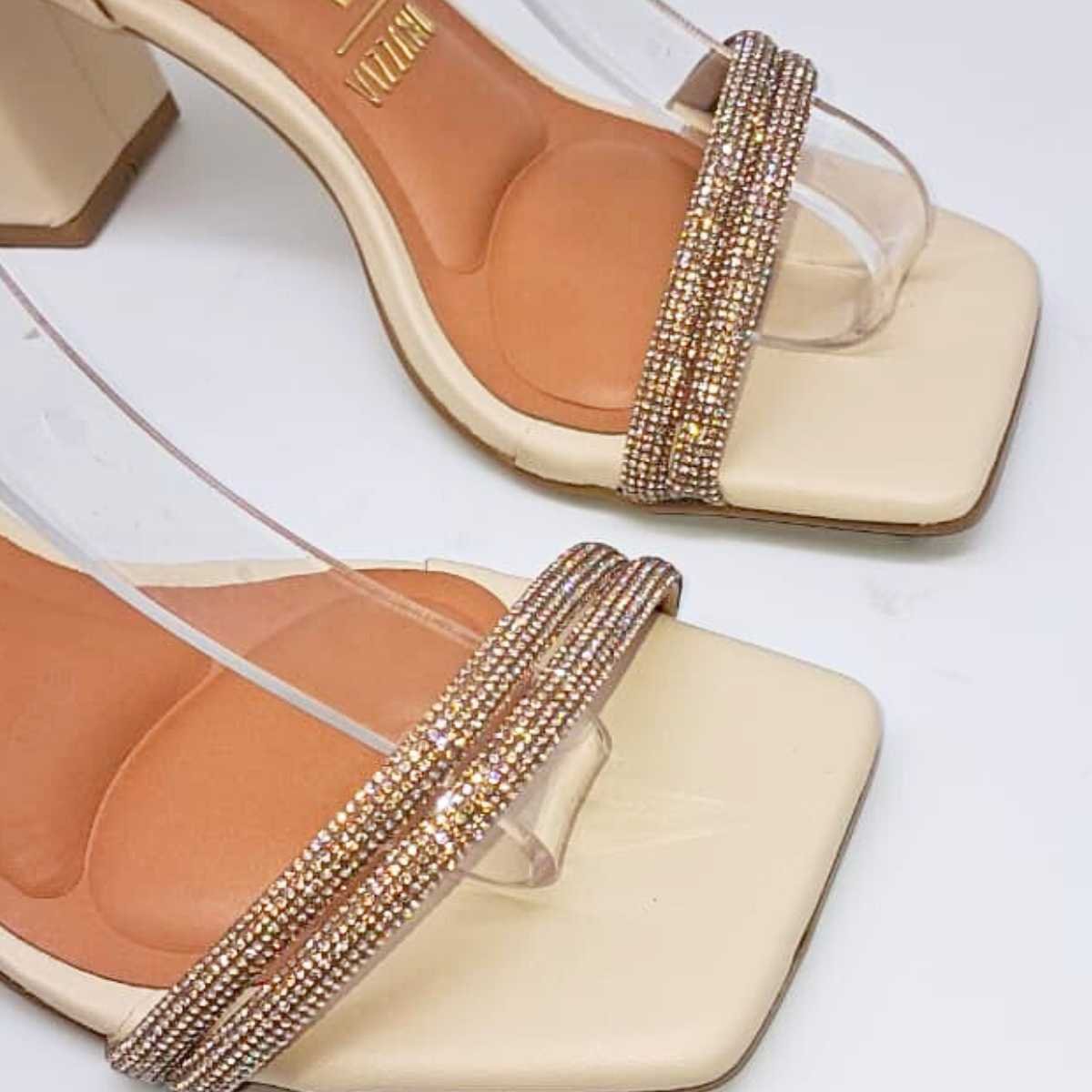 Sandália Feminina Vizzano Salto Quadrado Strass Estilo 6464.145 Bege 4