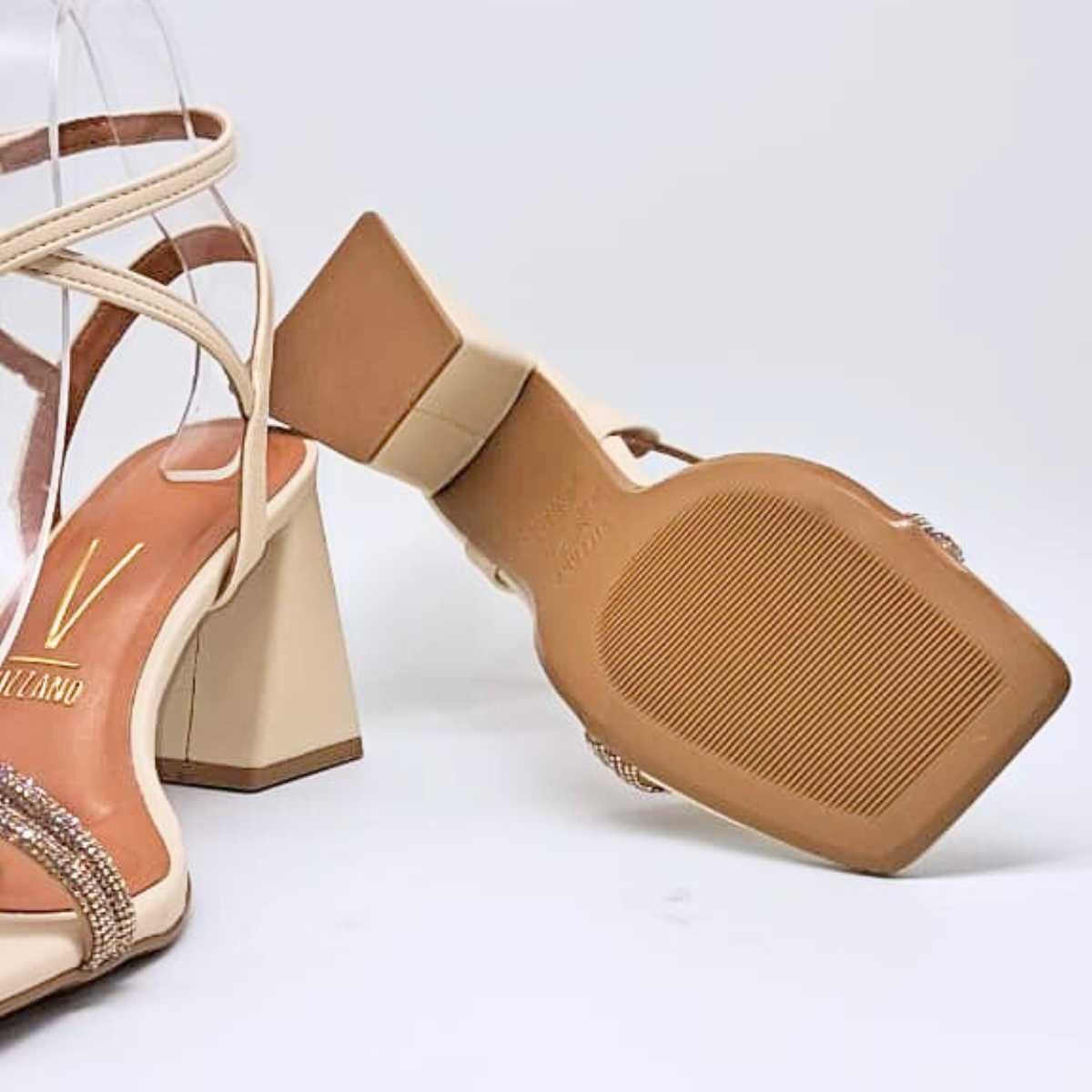 Sandália Feminina Vizzano Salto Quadrado Strass Estilo 6464.145 Bege 6
