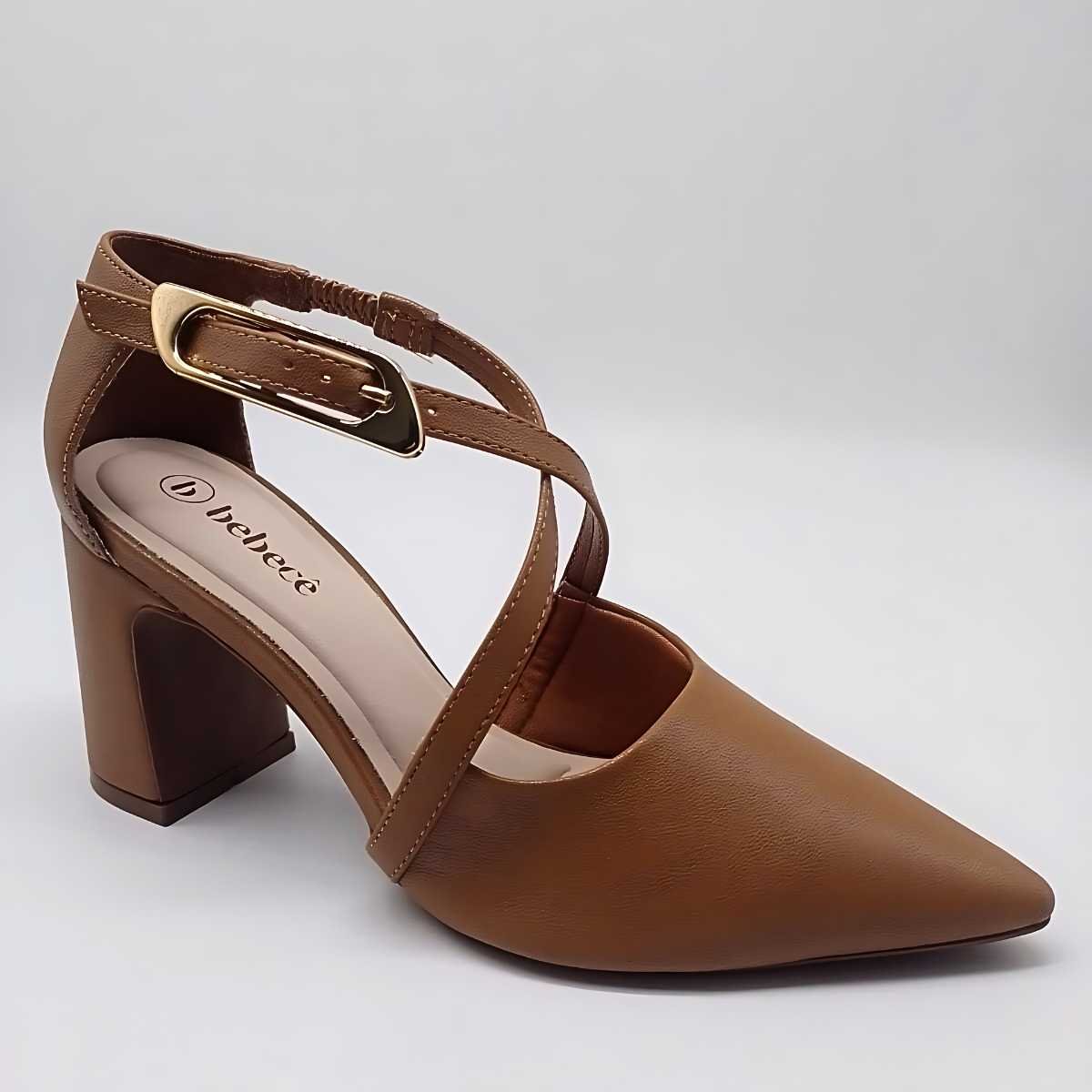 Scarpin Bebecê Feminino Tira X Fivela Salto Quadrado T7021-235 Marrom 1