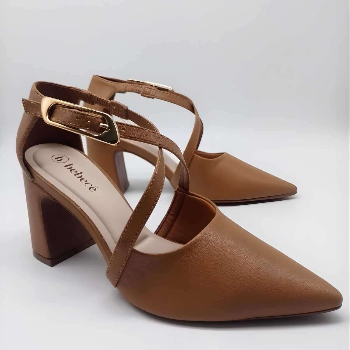 Scarpin Bebecê Feminino Tira X Fivela Salto Quadrado T7021-235 Marrom 3