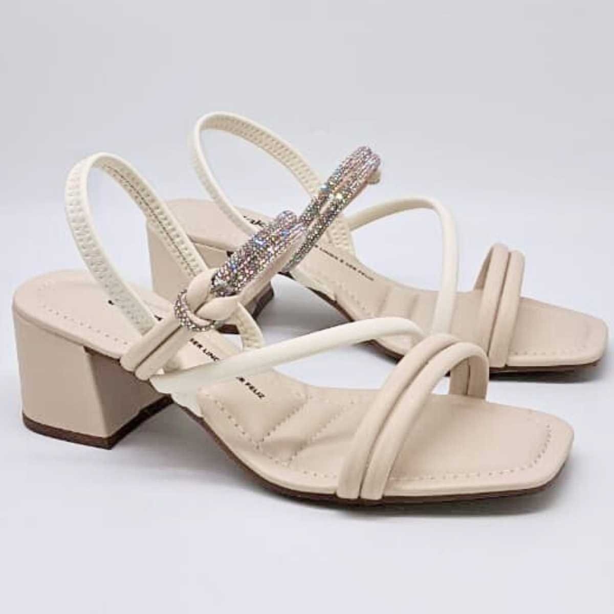 Sandália Feminina Dakota Salto Bloco Brilho Conforto Y9412 Bege 3