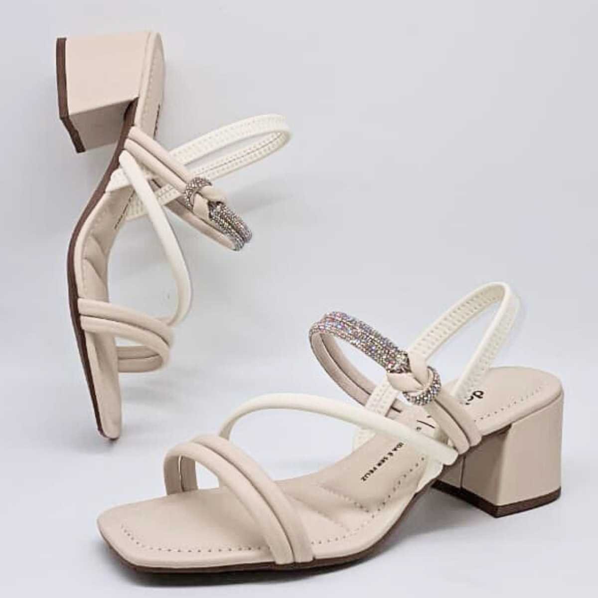 Sandália Feminina Dakota Salto Bloco Brilho Conforto Y9412 Bege 5