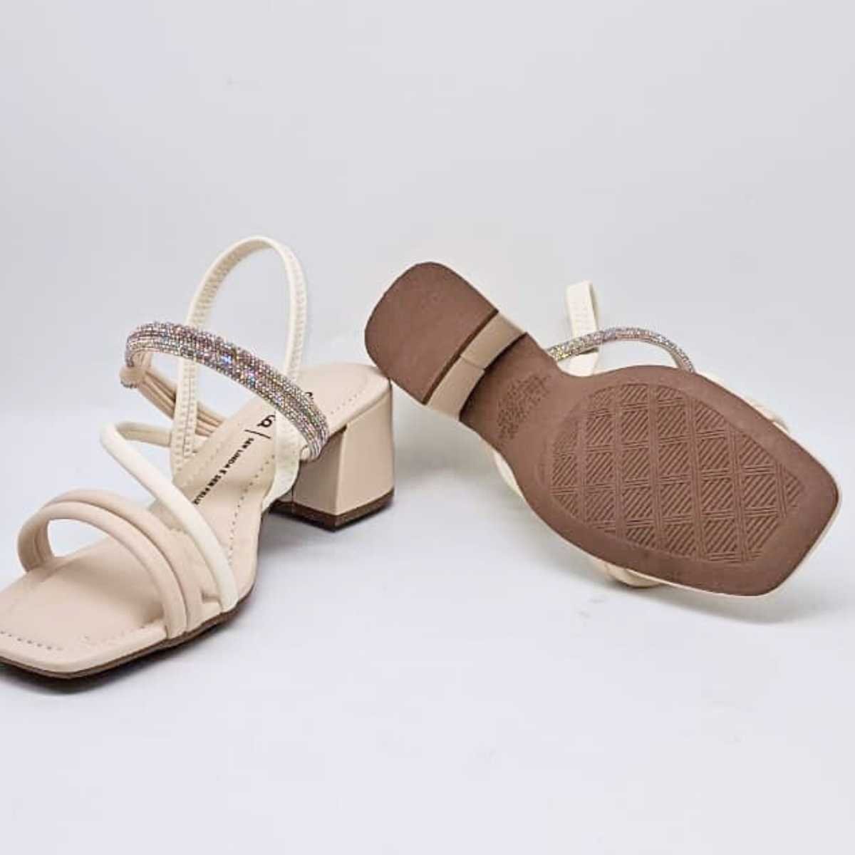 Sandália Feminina Dakota Salto Bloco Brilho Conforto Y9412 Bege 9