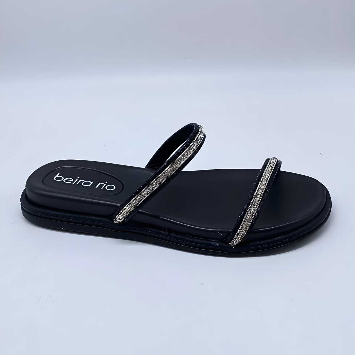 Sandália Feminina Beira Rio Papete Tiras Strass Leve 8488.105 Preto 8