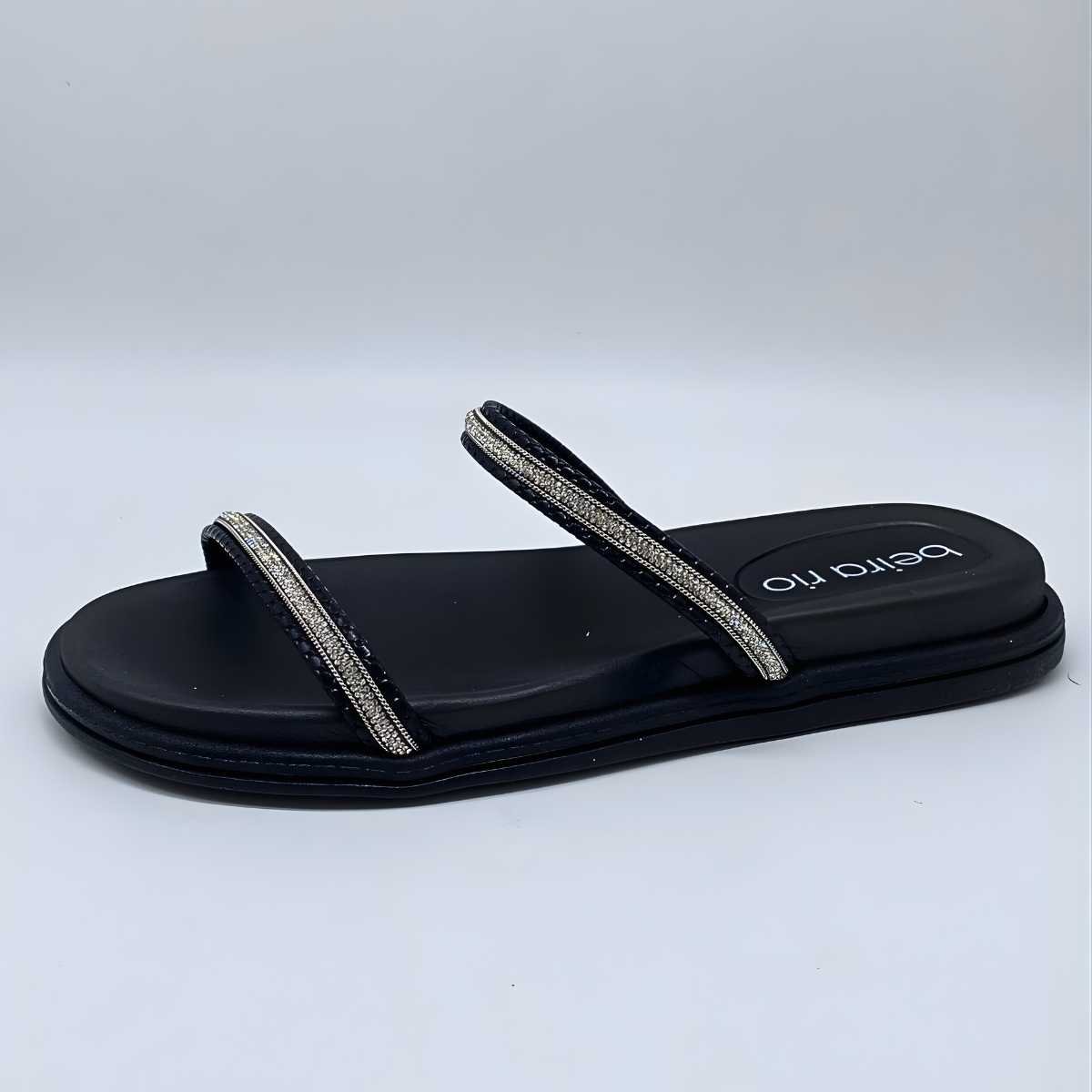 Sandália Feminina Beira Rio Papete Tiras Strass Leve 8488.105 Preto 1