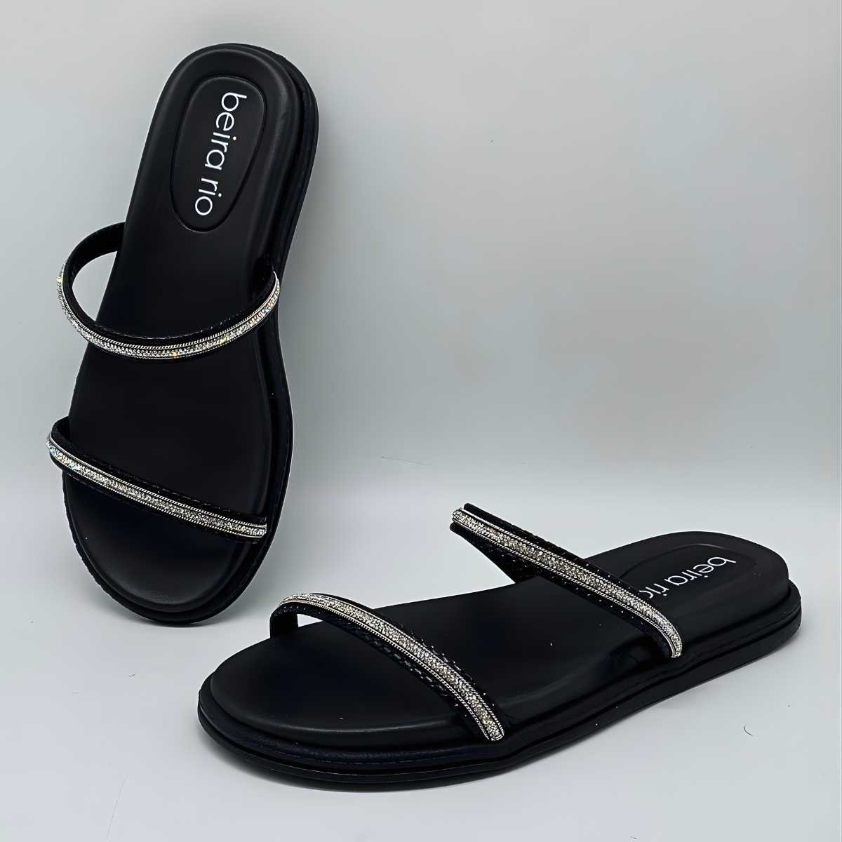 Sandália Feminina Beira Rio Papete Tiras Strass Leve 8488.105 Preto 6