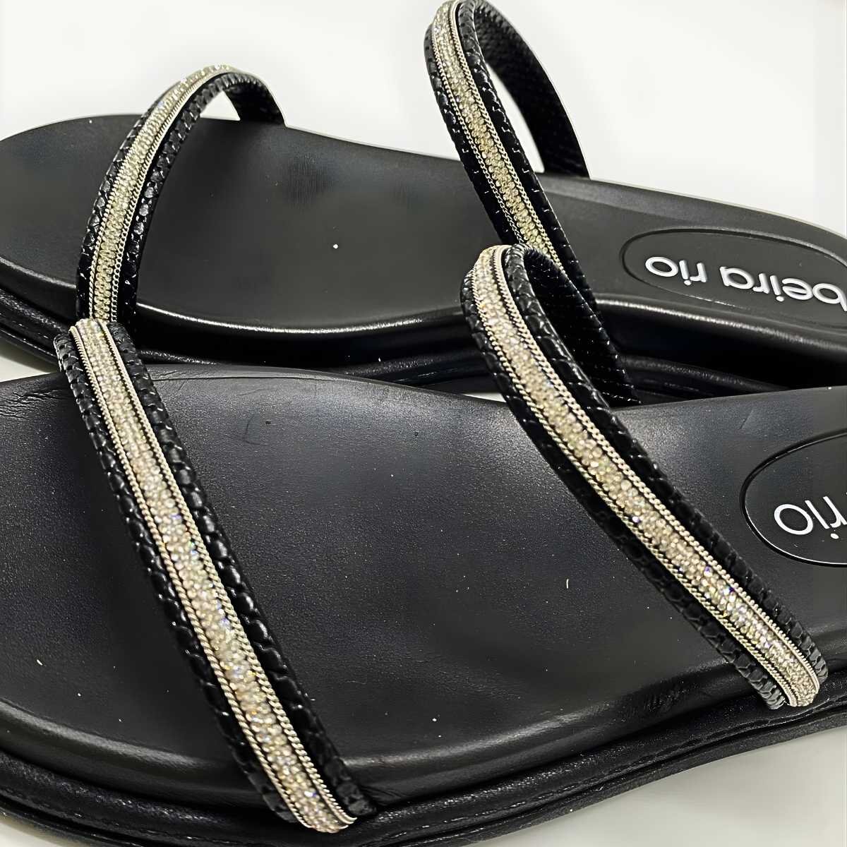 Sandália Feminina Beira Rio Papete Tiras Strass Leve 8488.105 Preto 5
