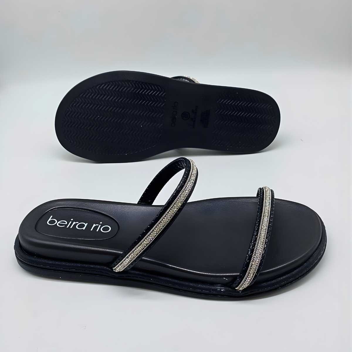 Sandália Feminina Beira Rio Papete Tiras Strass Leve 8488.105 Preto 6