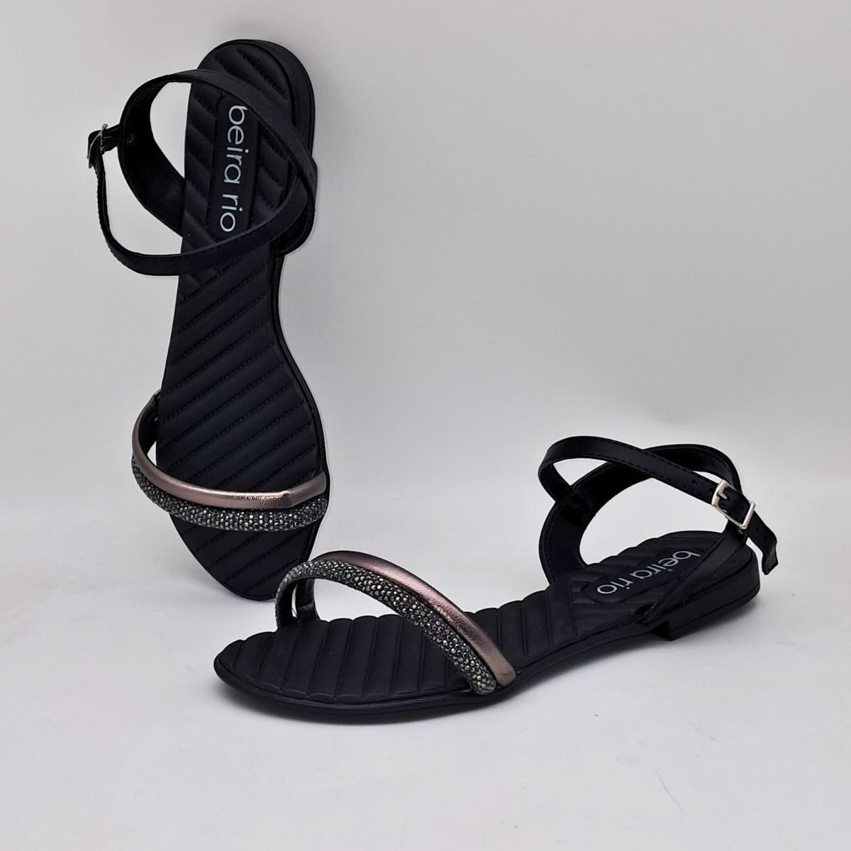 Sandália Feminino Beira Rio Rasteira Com Strass 8519.109 Preto 6