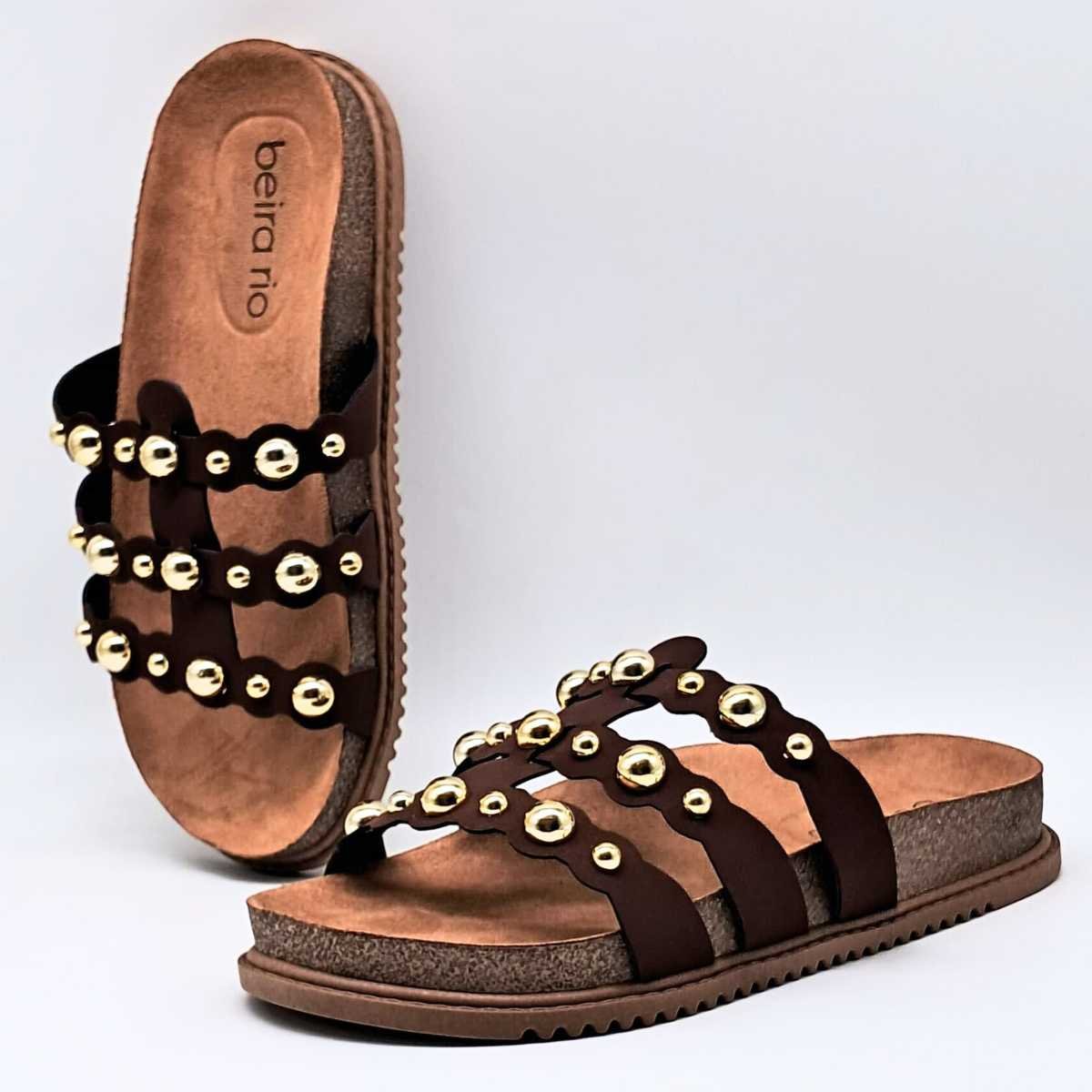 Sandália Feminina Beira Rio Papete Spikes 3 Tiras 8523.113 Bege 4