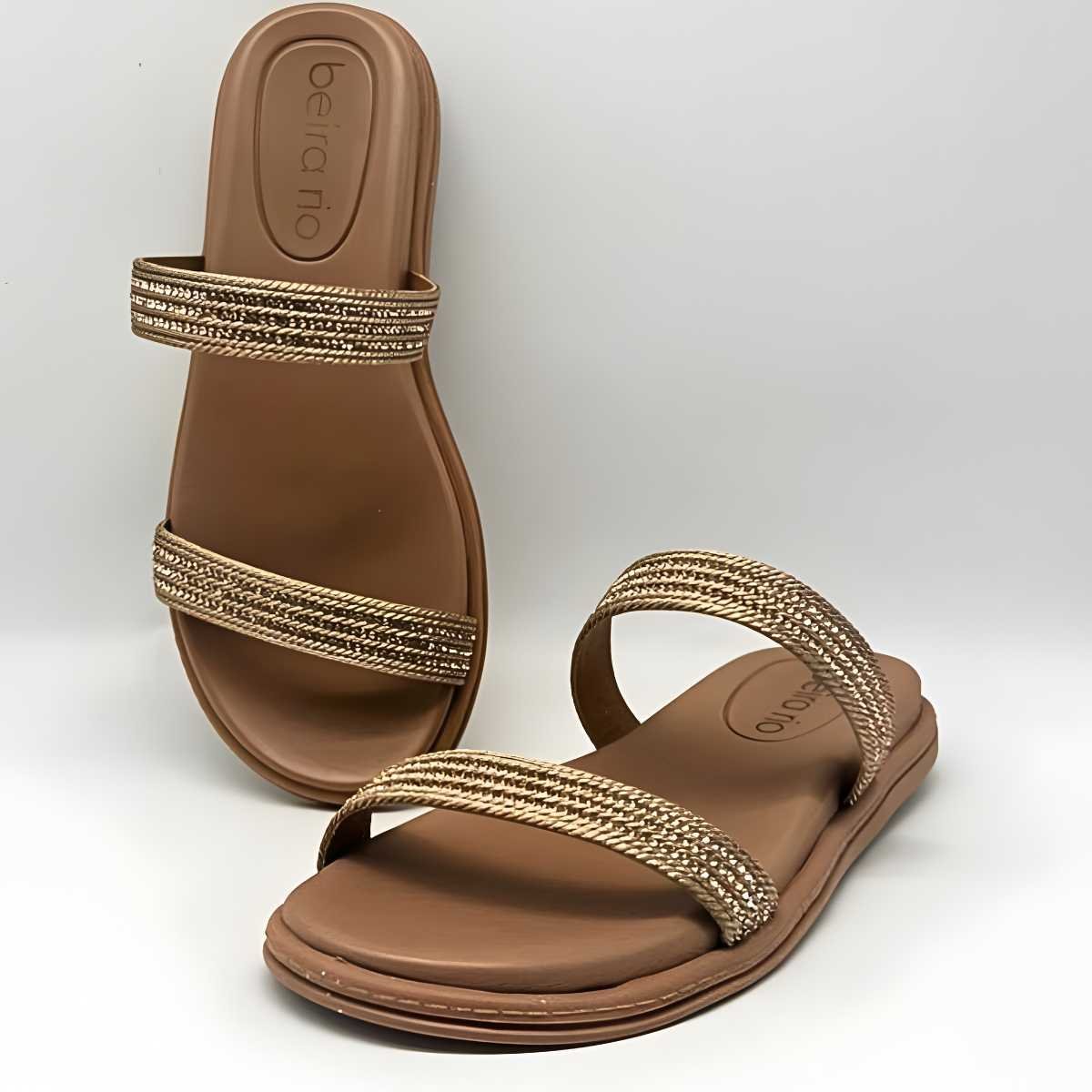 Sandália Feminina Beira Rio Rasteirinha Strass Confy 8488.122 Dourado 4