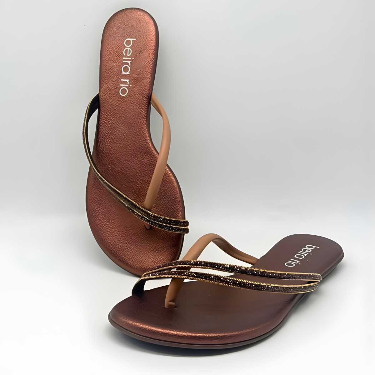 Sandália Feminina Beira Rio Rasteirinha Strass Estilo Conforto 8384.772 Marrom 5