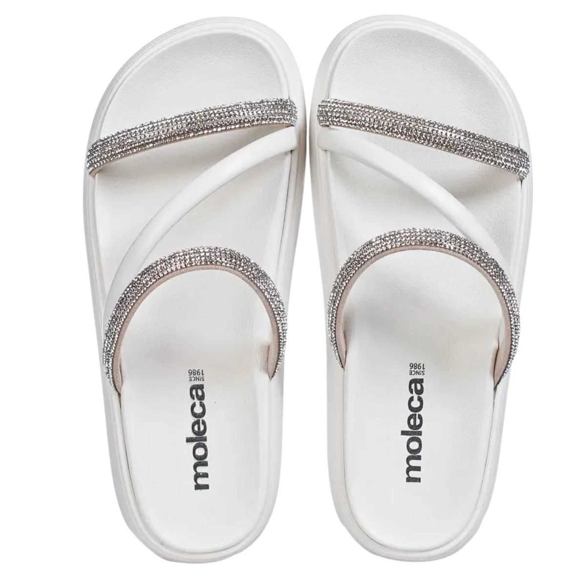 Sandália Feminina Moleca Rasteira Tiras Strass 5469.121 Branco 5