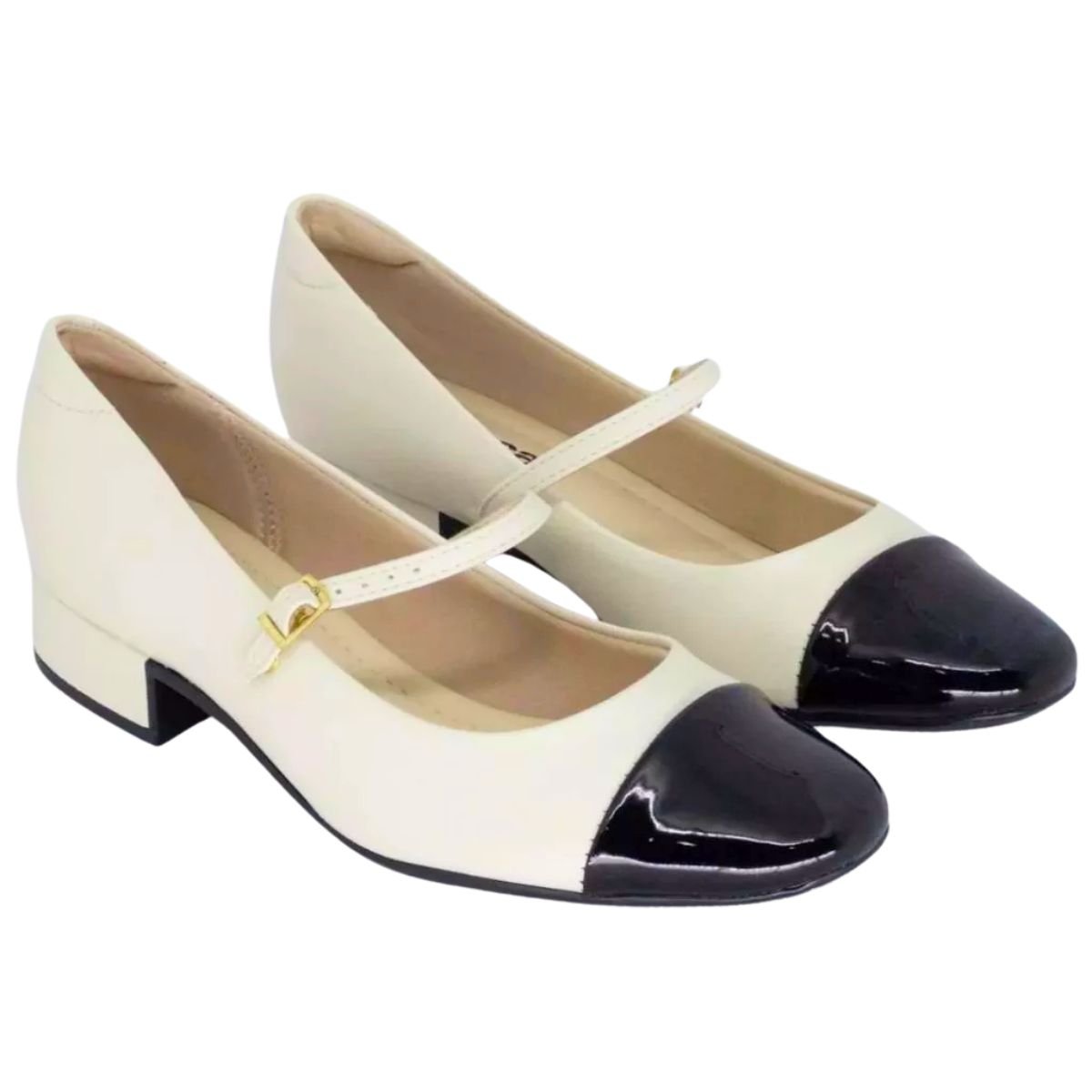 Sapato Feminino Moleca Boneca Mary Jane Elegante 5795.103 Off White/Preto 3