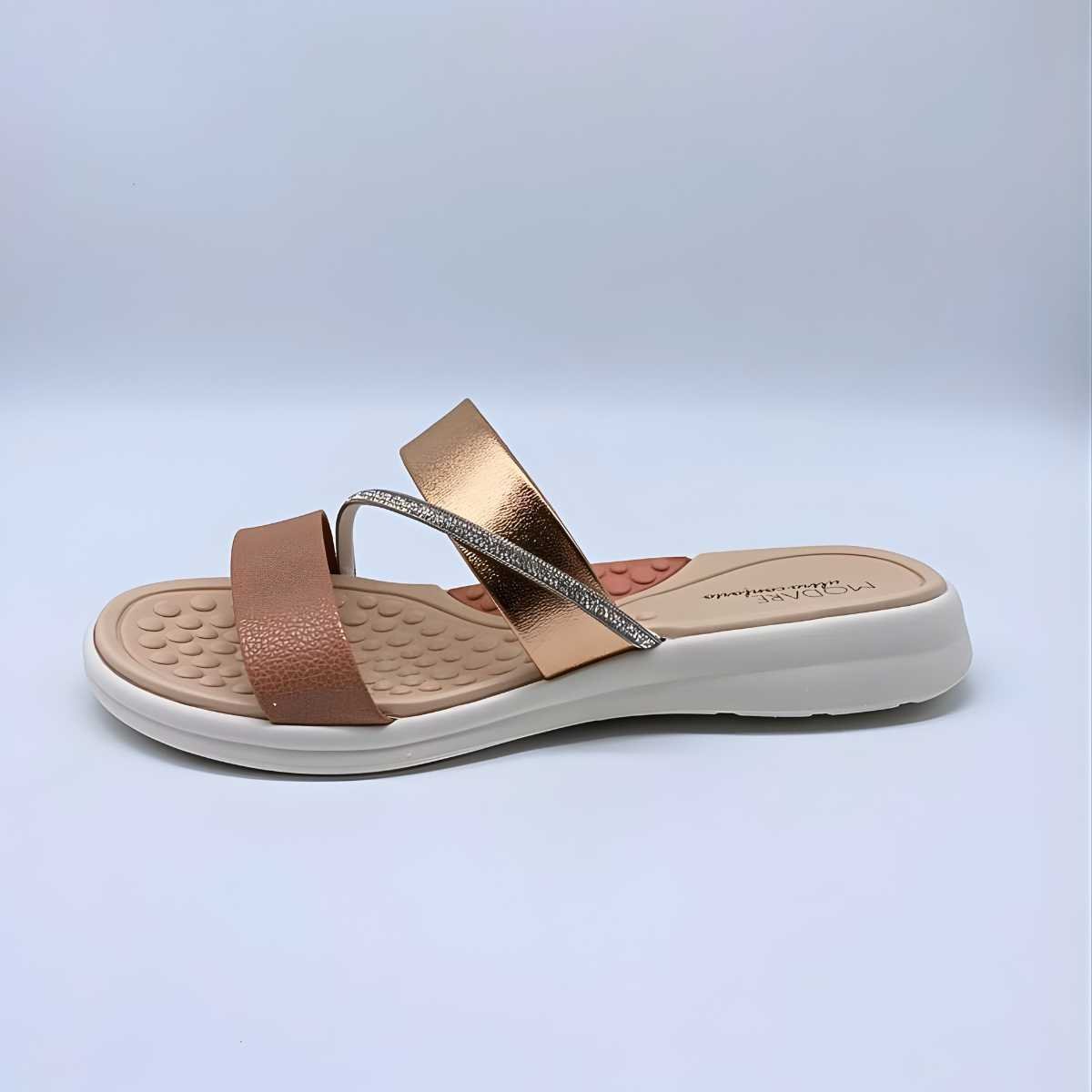 Sandália Feminina Modare Conforto Estilo 2 Tiras Brilho 7174.115 Dourado/Bege 3