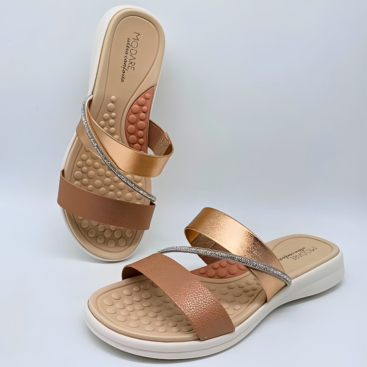 Sandália Feminina Modare Conforto Estilo 2 Tiras Brilho 7174.115 Dourado/Bege 6
