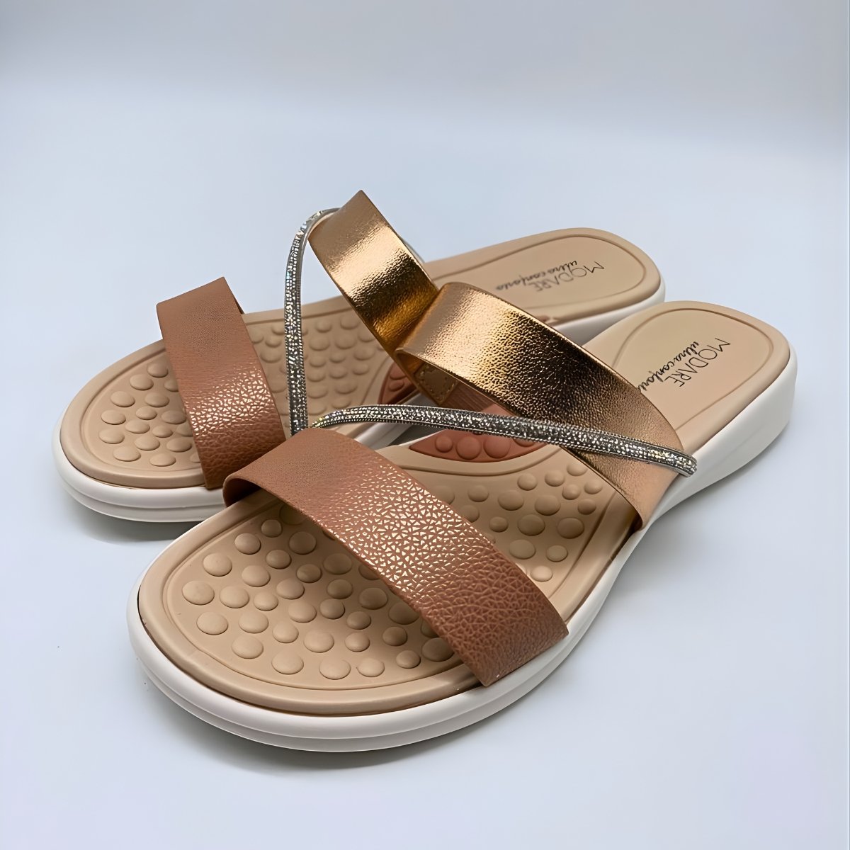 Sandália Feminina Modare Conforto Estilo 2 Tiras Brilho 7174.115 Dourado/Bege 4