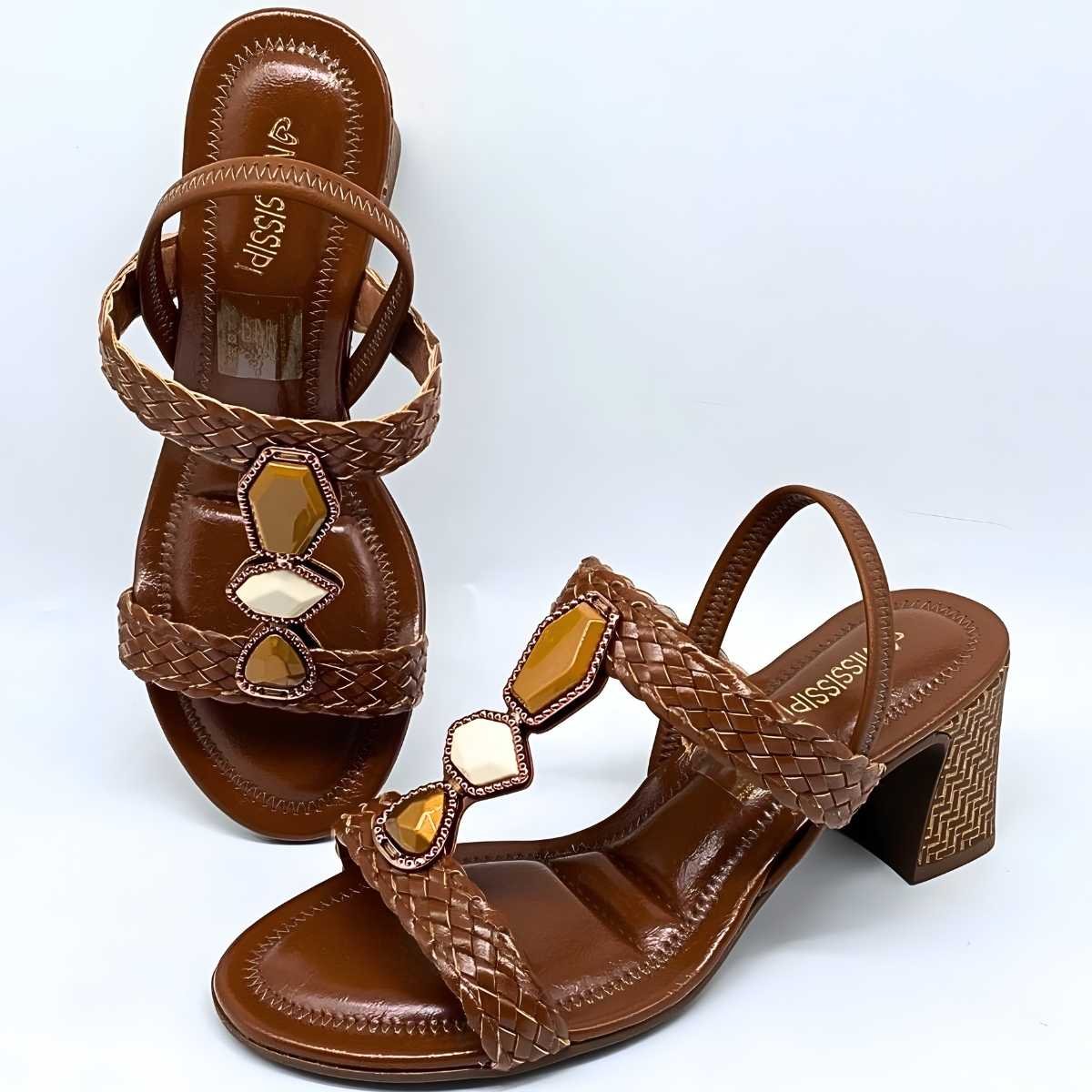 Sandália Feminina Mississipi Salto Pedras Estilo Leve J0482 Marrom 7