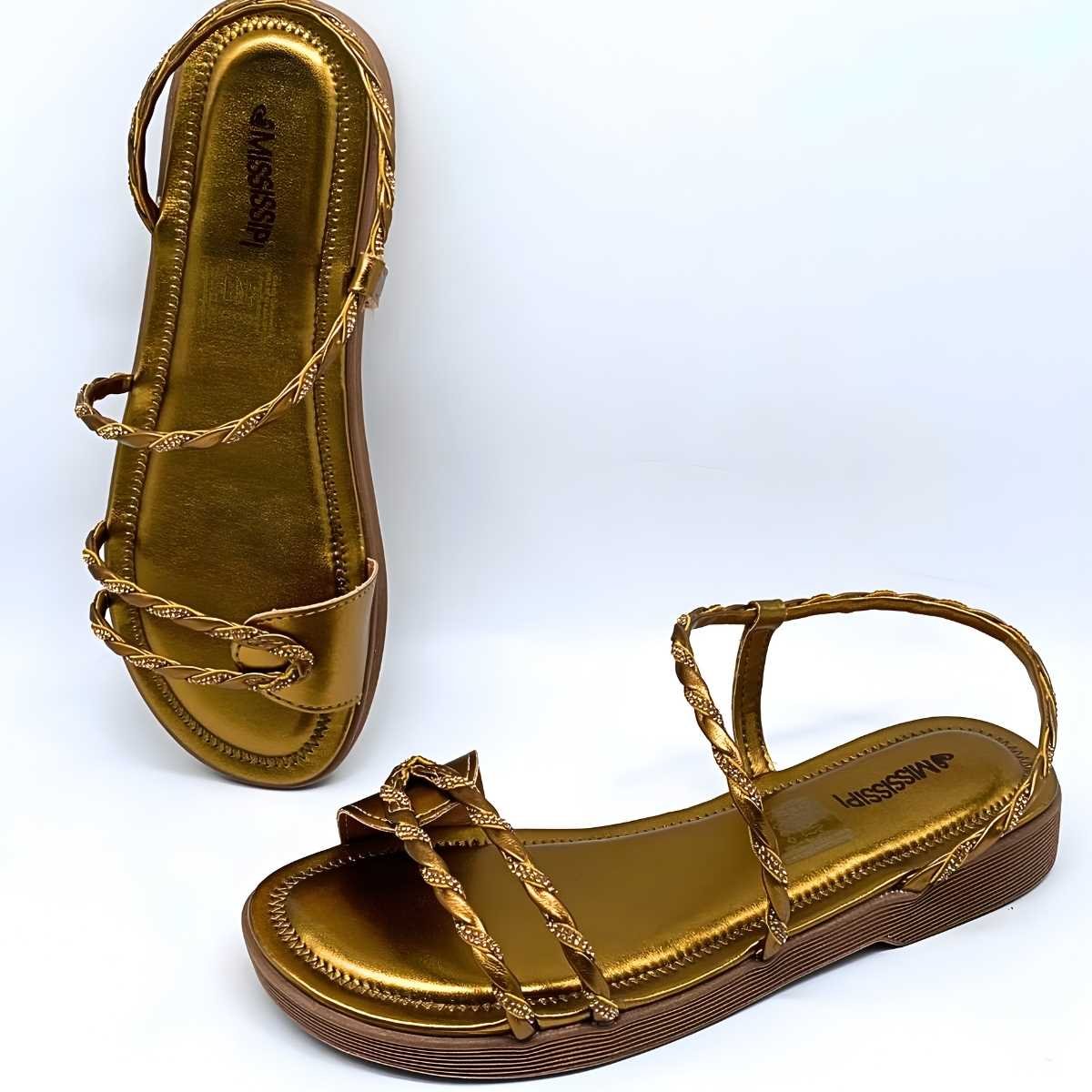 Sandália Feminina Mississipi Flat Trançada Estilo Leve J0361 Bronze 7