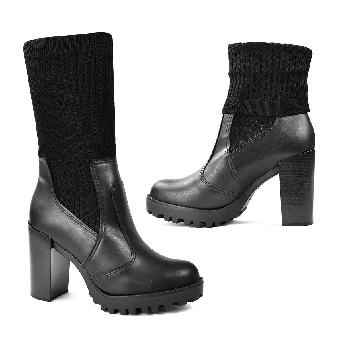 Bota Moleca Knit Salto Bloco Feminina Preta Elegante Preto 4