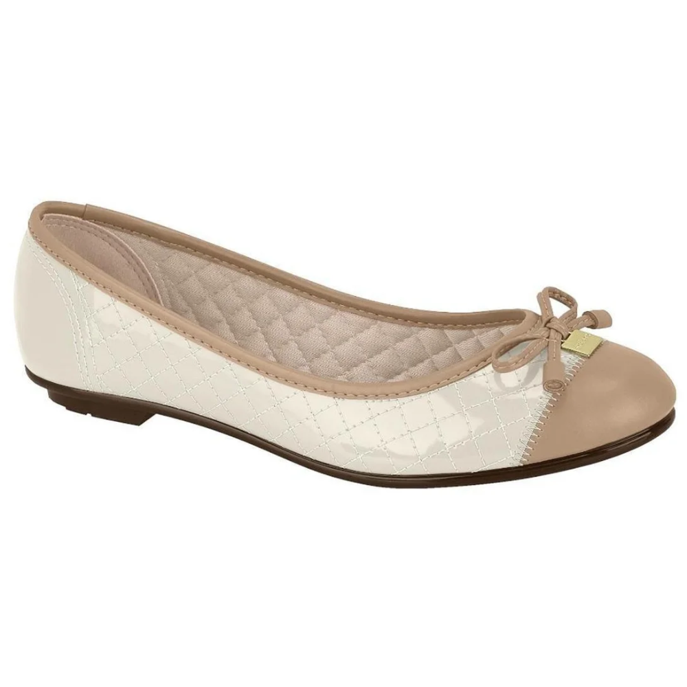 Sapatilha Feminina Moleca Branco/Bege Bico Redondo Verniz