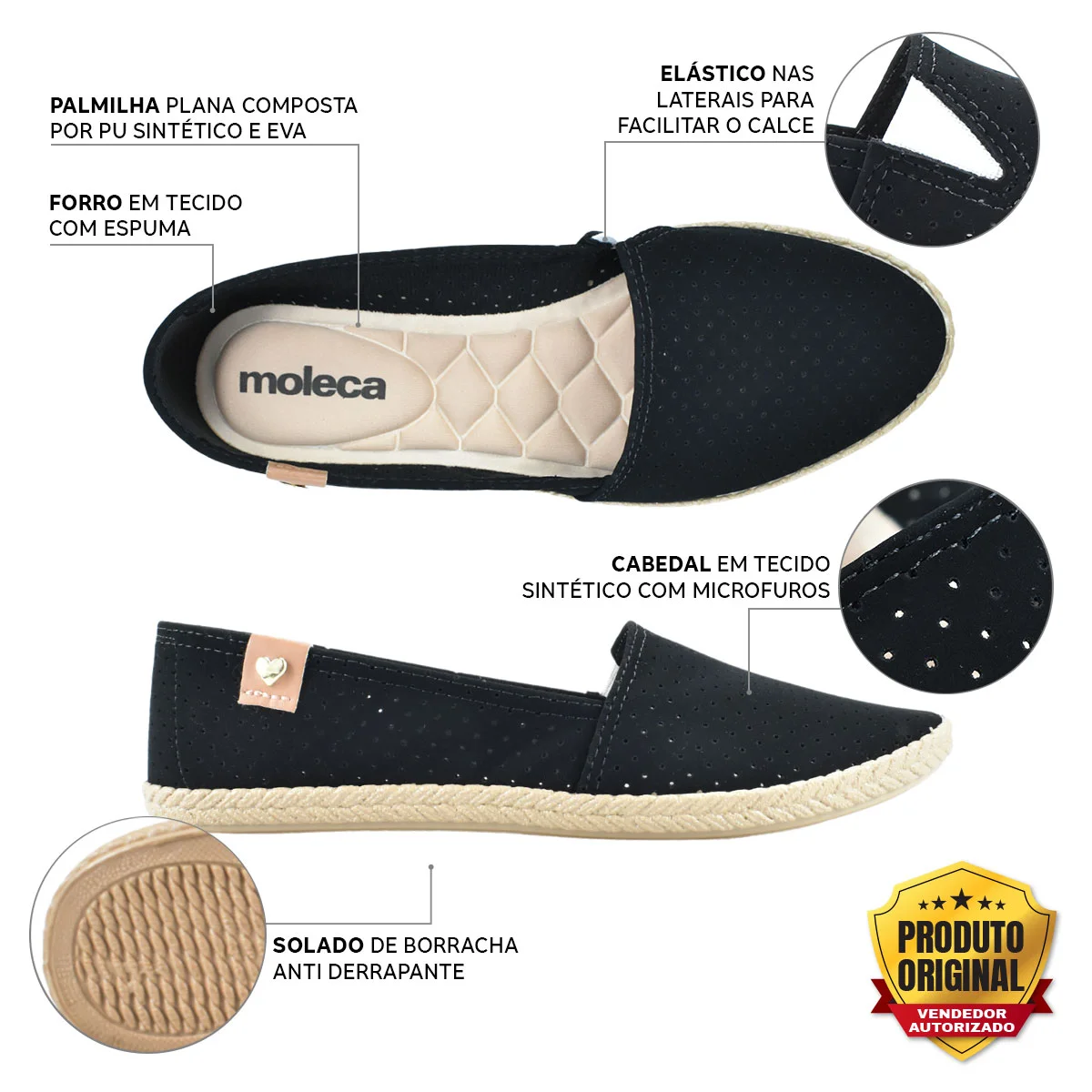 Moleca Sapatilha Nobuck Microperfuros Preto Leveza e Versatilidade Preto 2