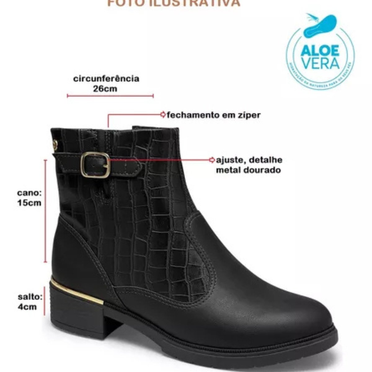 Bota Campesi Feminina Cano Curto Fivela Texturizada Preto 2