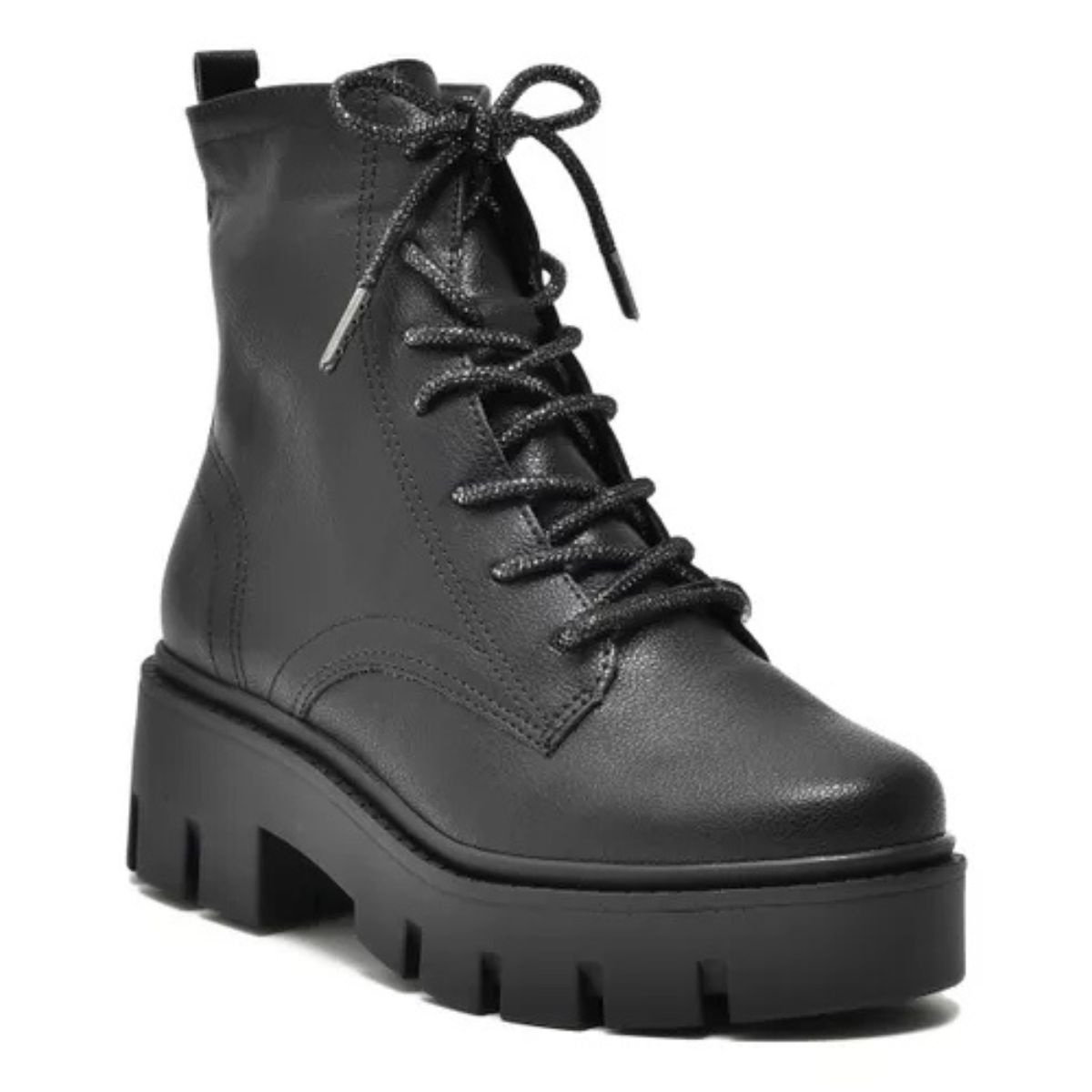 Bota Coturno Via Marte Flatform Tratorado Brilho Preto Preto 2