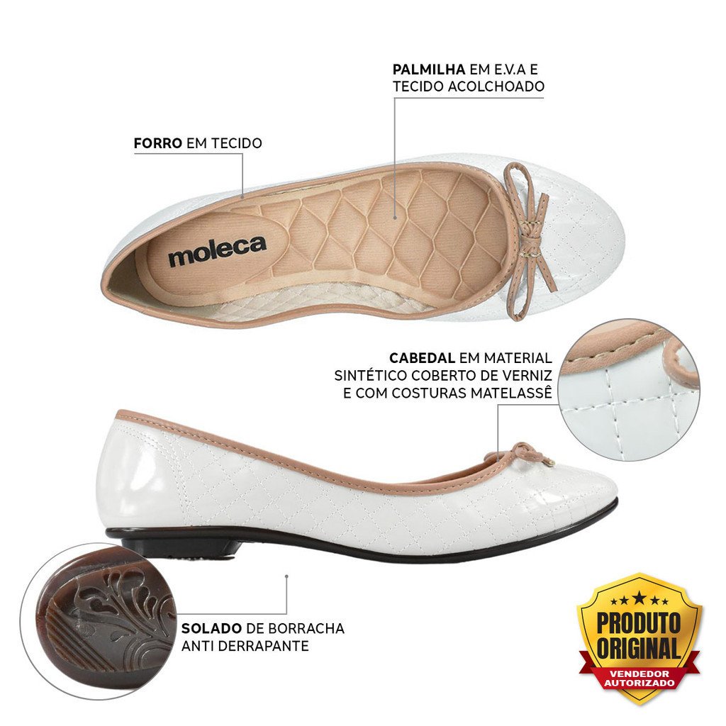 Sapatilha Moleca Feminina Laco Verniz Branco Nude Ultraleve Branco 5