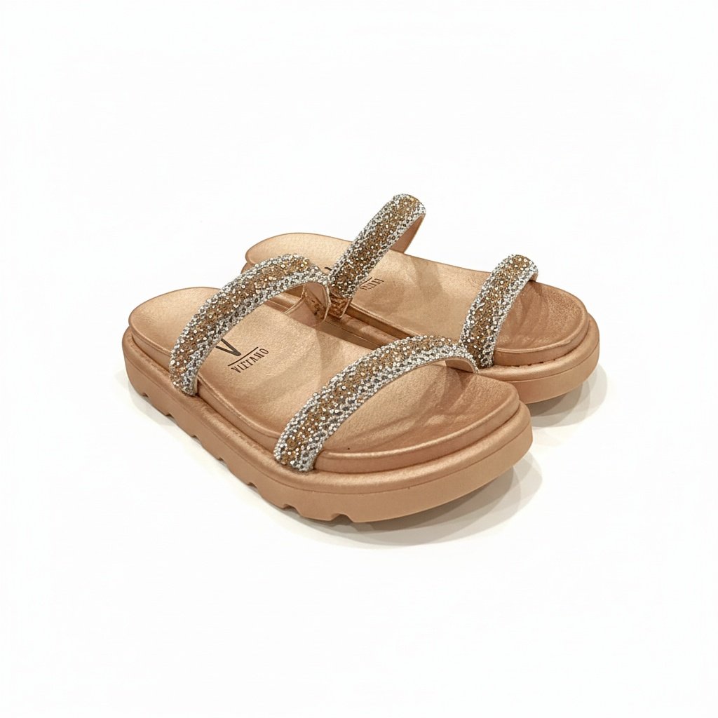 Sandalia Vizzano Slide Glamour Bege Diamond Ouro Rosado Dourado 3