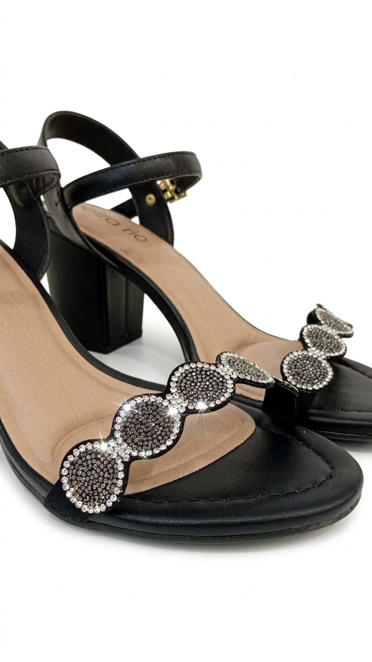 Sandalia Beira Rio Salto Bloco Preto Cristais Confortavel  Preto 6