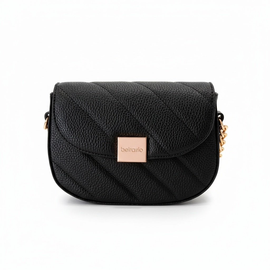 Bolsa Beira Rio Transversal Preta Detalhe Corrente Feminina Casual