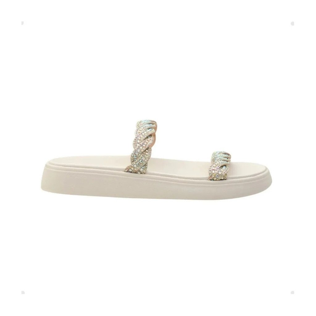 Tamanco Moleca Feminino Dourado Aurora Boreal Tiras Pedraria Branco 3