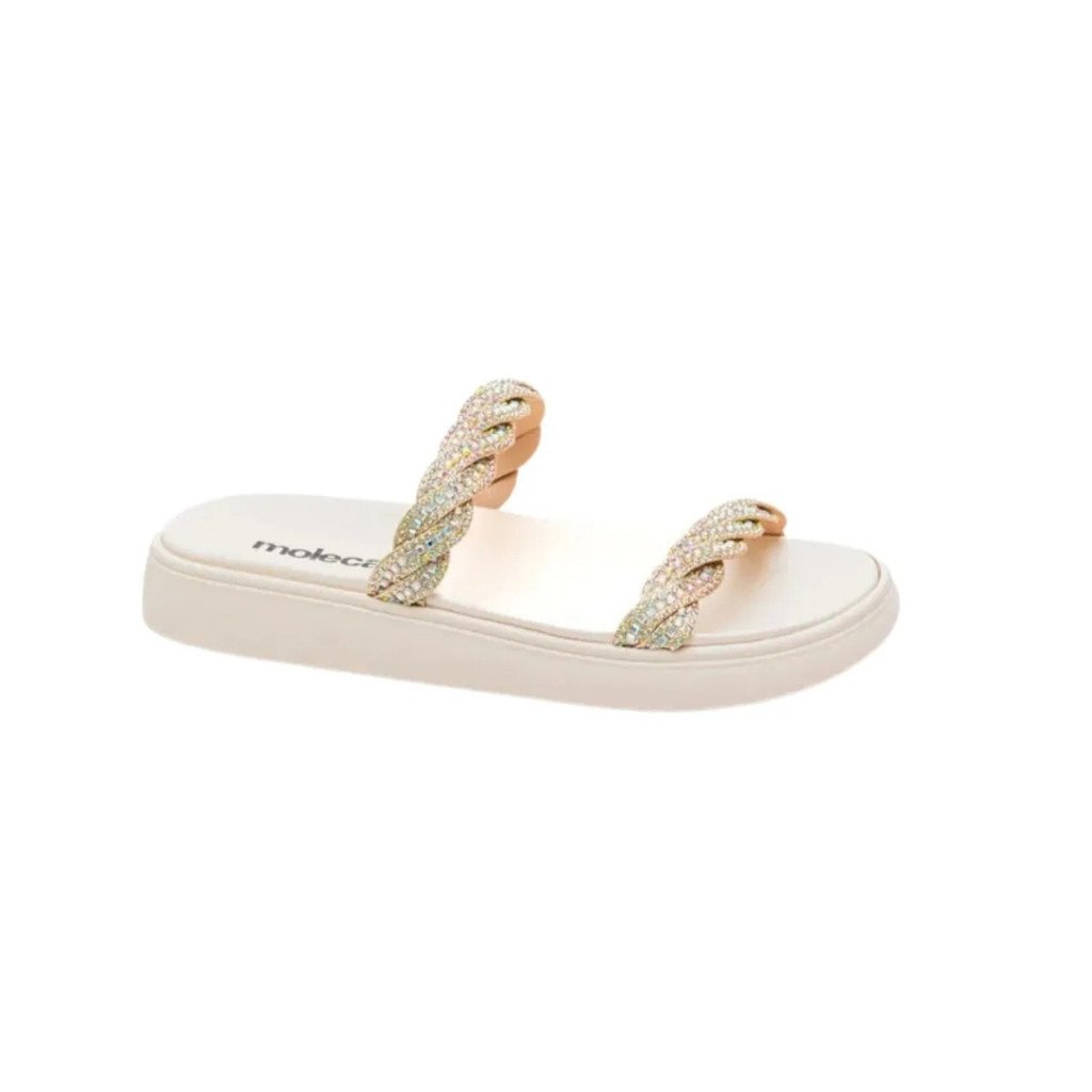 Tamanco Moleca Feminino Dourado Aurora Boreal Tiras Pedraria Branco 5
