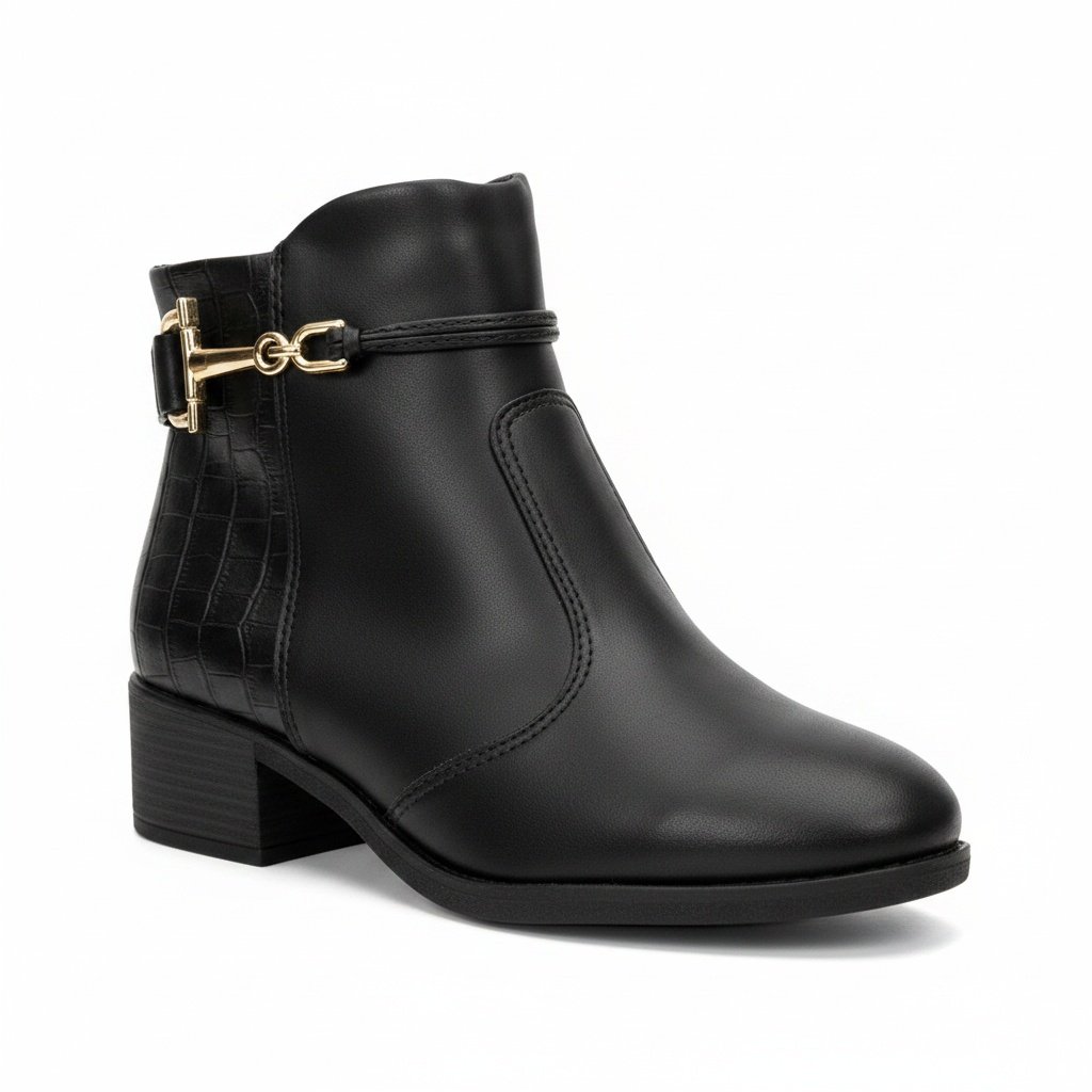 Bota Beira Rio Cano Curto Preta Detalhe Dourado Feminino