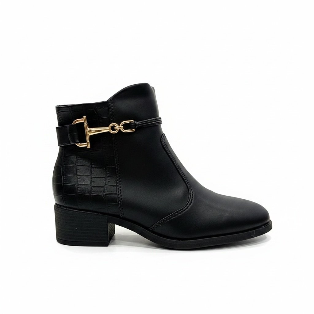 Bota Beira Rio Cano Curto Preta Detalhe Dourado Feminino Preto 2
