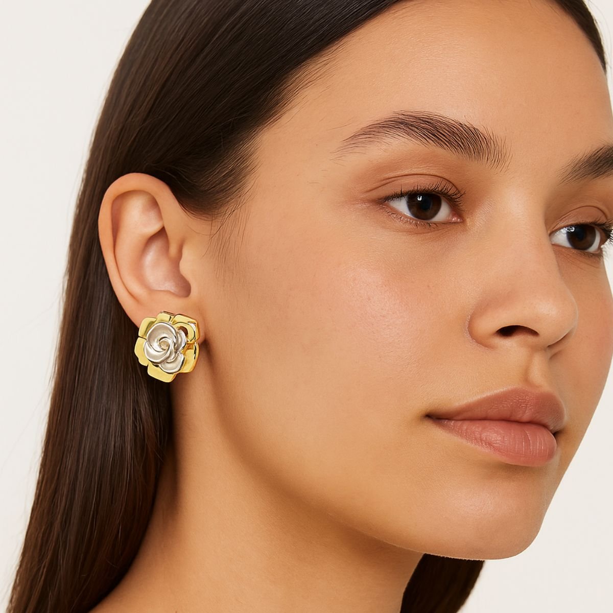 Brinco Vih Triny Rosa Duo Banhado a Ouro Dourado 2