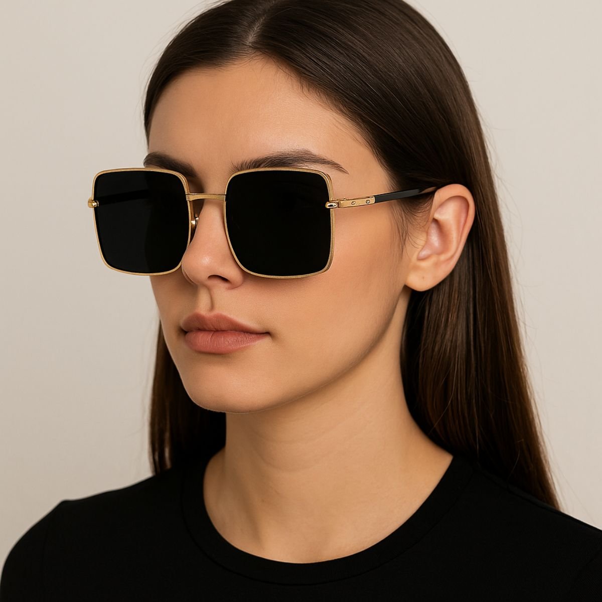 Óculos de Sol Quadrado Dourado com Lente Preta Premium Dourado 2